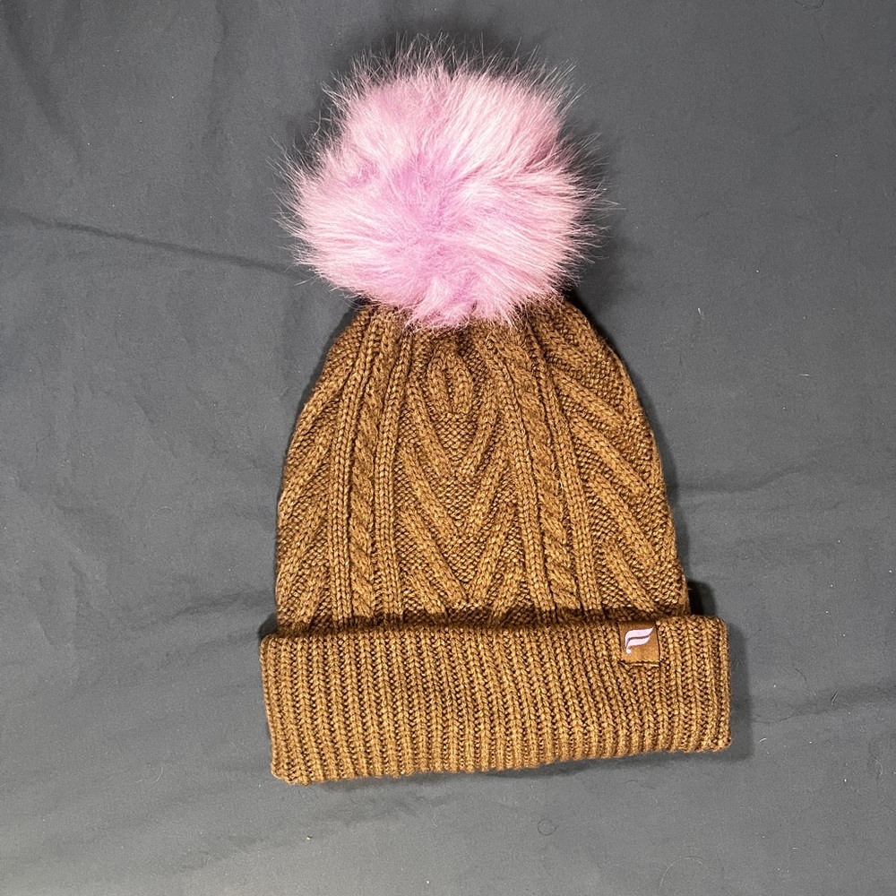 Grey Knit Beanie with Purple Pom Pom